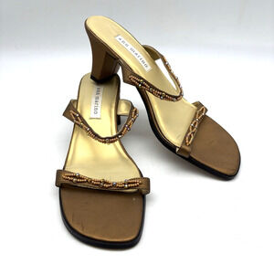 Vintage 00s Y2K Ann Marino Brown Satin Beaded Strappy Block Heel Sandal 7.5M